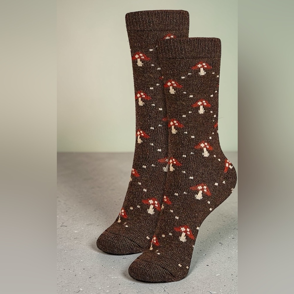 Brown Wool Mushroom Patterned Socks, One Size, New 🧦